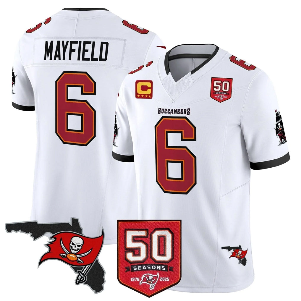 TB.Buccaneers #6 Baker Mayfield Player White 50th Season Vapor Limited Home Game Ldoa Stitched Jerseys