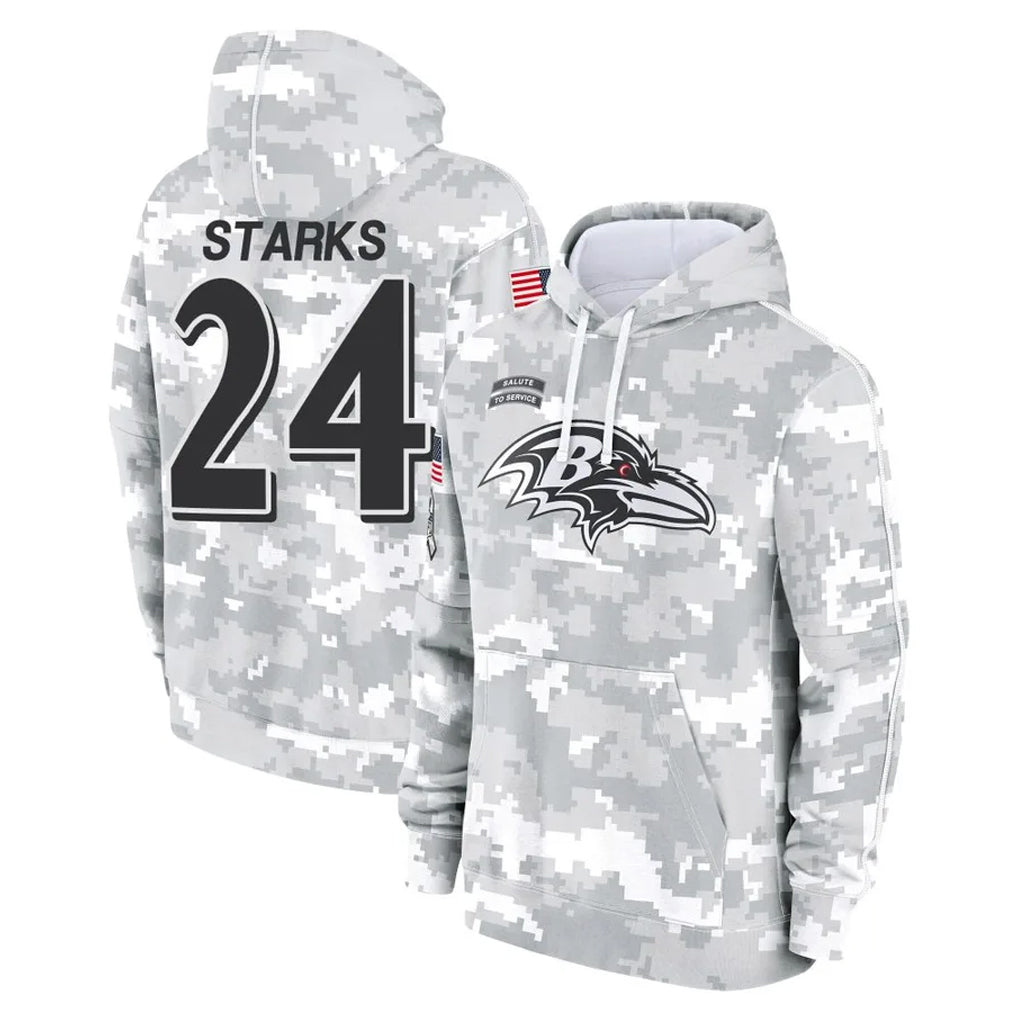 B.Ravens #24 Malaki Starks Player Arctic Camo Salute to Service Pullover Hoodie Ldoa Stitched Jerseys