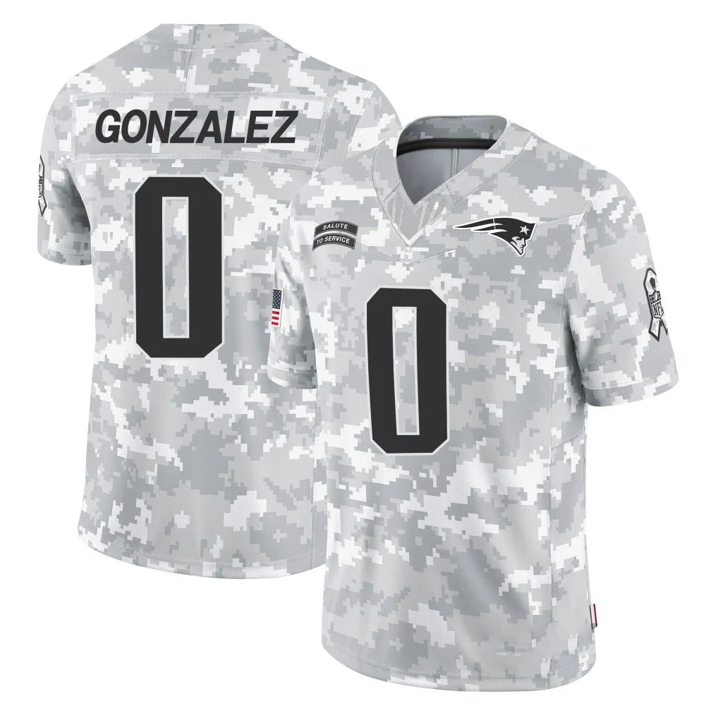 NE.Patriots #0 Christian Gonzalez Player Arctic Camo Salute To Service Limited Game Ldoa Stitched Jerseys