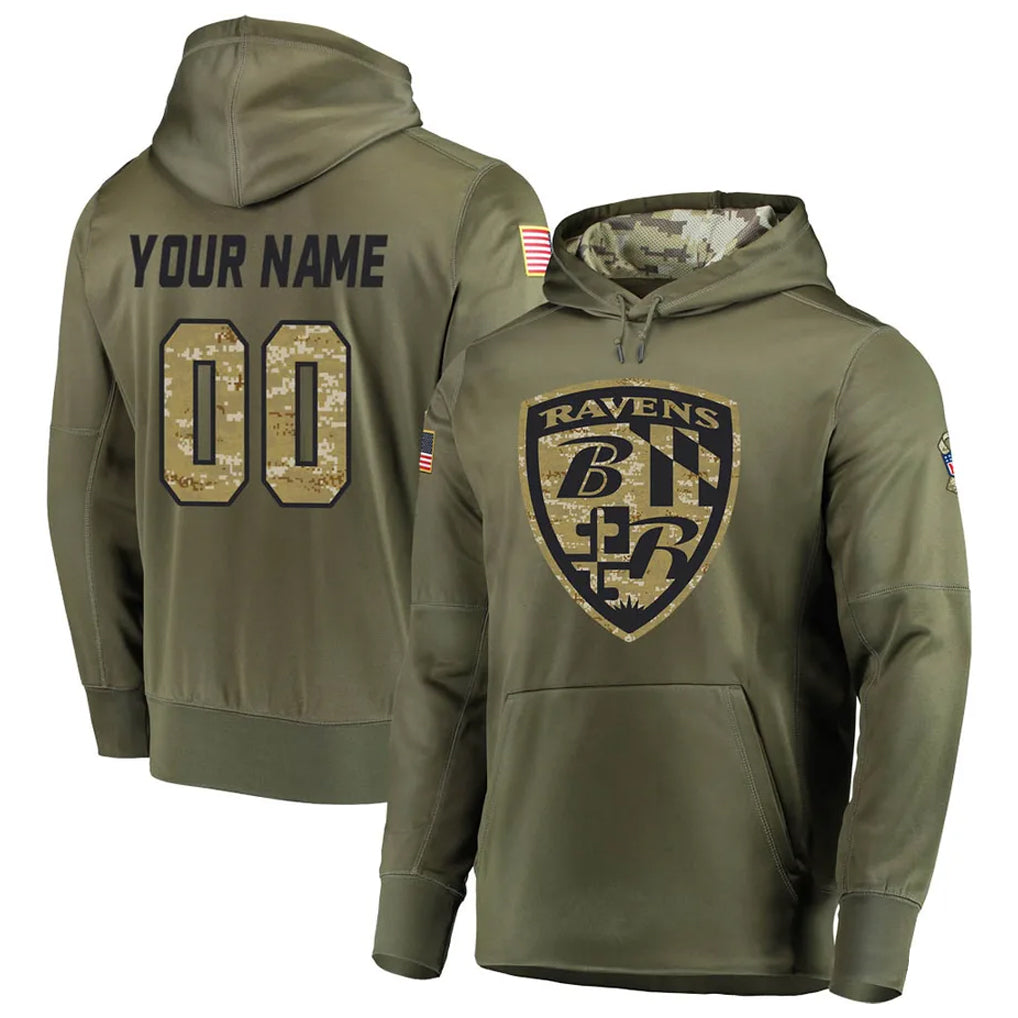 Custom B.Ravens Olive Salute to Service Pullover Hoodie Any Name & Numbers Ldoa Stitched Jerseys