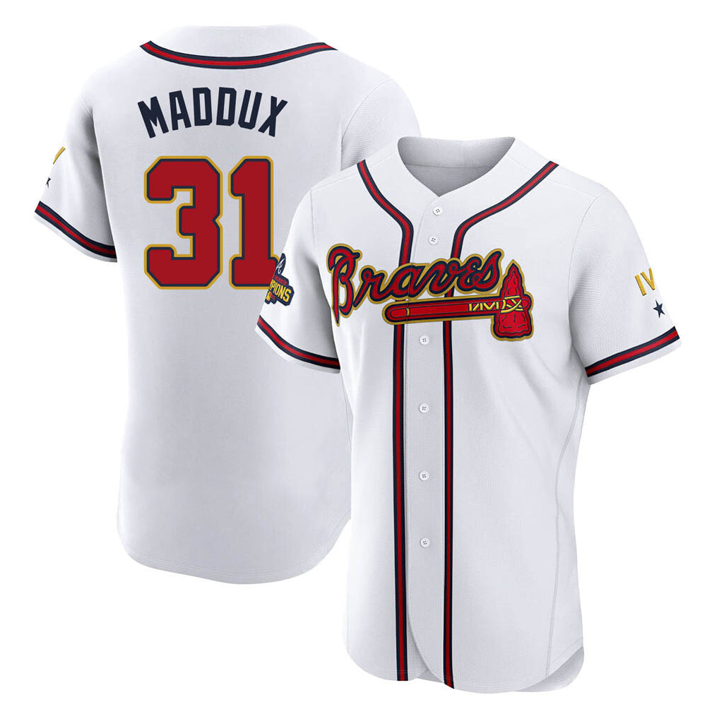 A.Braves #31 Greg Maddux Player White Gold Limited Elite Home Game Ldoa Stitched Jerseys
