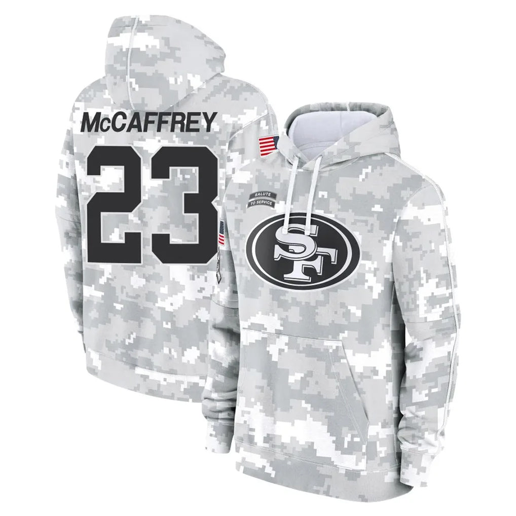 SF.49ers #23 Christian McCaffrey Player Arctic Camo Limited Salute to Service Pullover Hoodies Game Ldoa Stitched Jerseys
