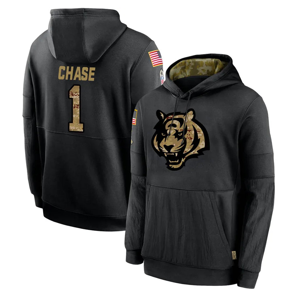 C.Bengals #1 Ja'Marr Chase Player Black Salute to Service Pullover Hoodies Limited Ldoa Stitched Jerseys