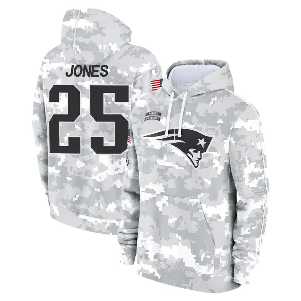 NE.Patriots #25 Marcus Jones Player Arctic Camo Salute to Service Pullover Hoodies Limited Game Ldoa Stitched Jerseys