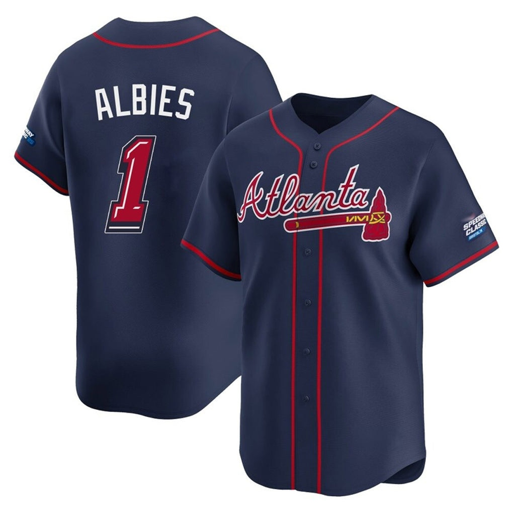 A.Braves #1 Ozzie Albies Player Navy 2025 Speedway Classic Home Game Ldoa Stitched Jerseys