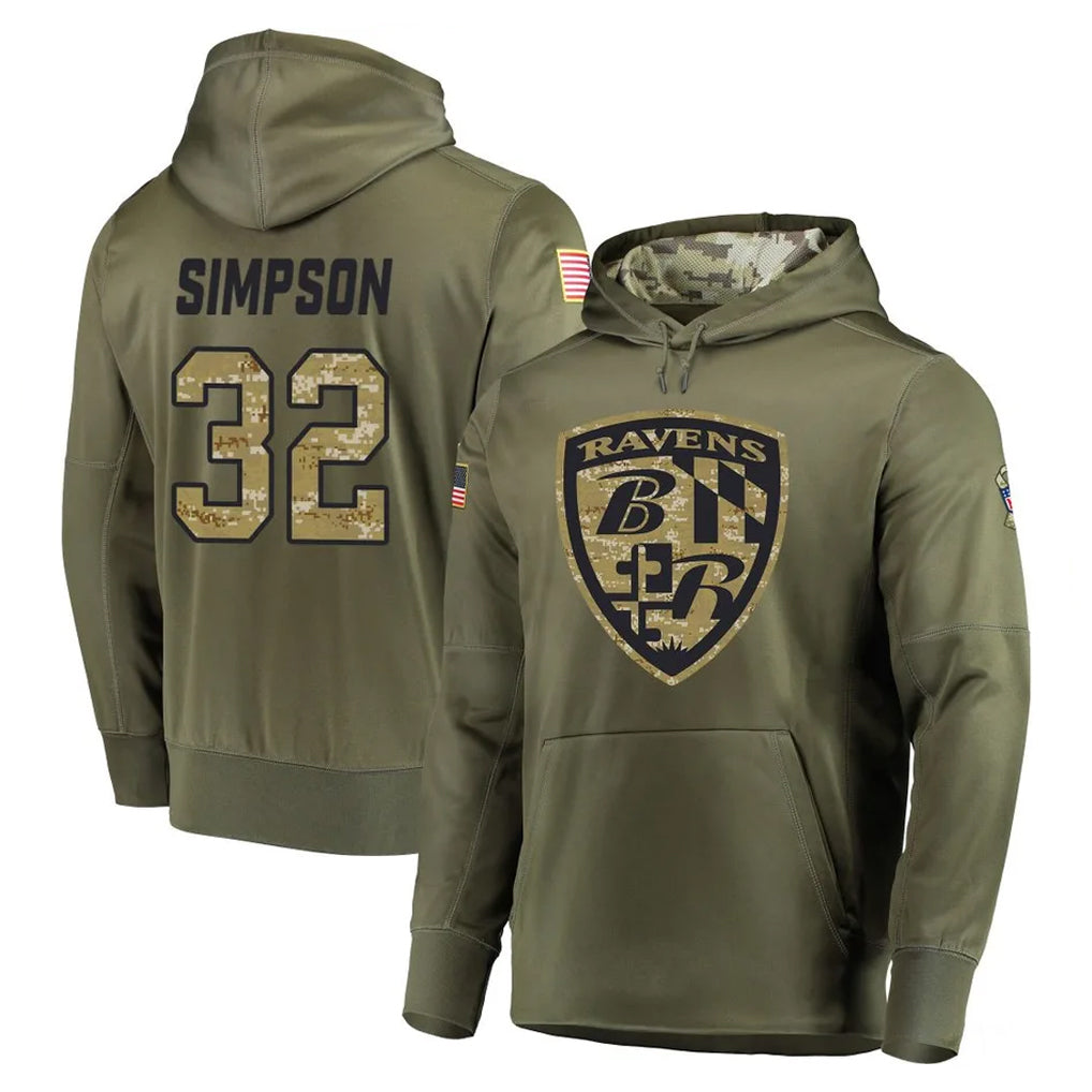 B.Ravens #32 Trenton Simpson Player Olive Salute to Service Pullover Hoodie Ldoa Stitched Jerseys