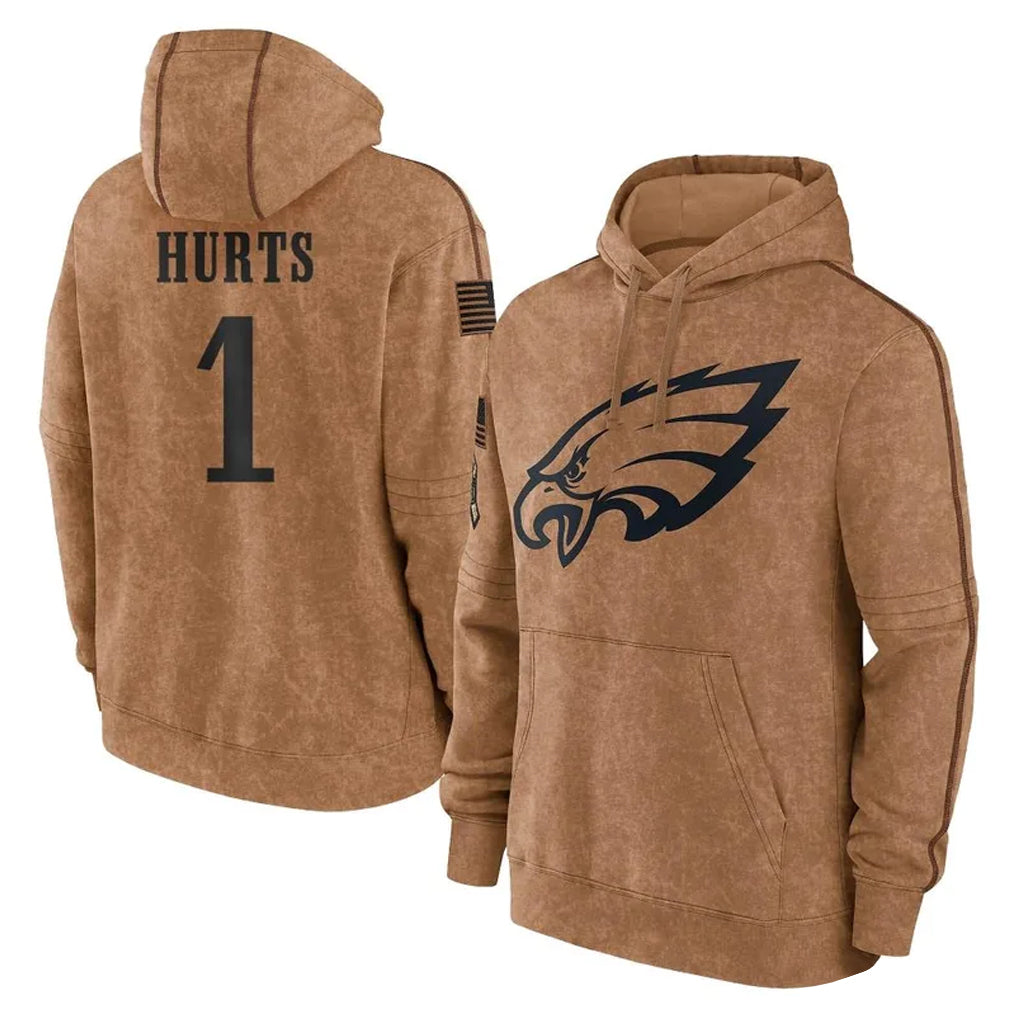 P.Eagles #1 Jalen Hurts Player Brown Salute to Service Pullover Hoodies Limited Game Ldoa Stitched Jerseys