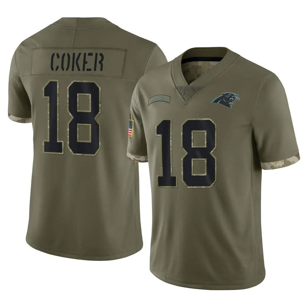 C.Panthers #18 Jalen Coker Player Olive Salute to Service Game Ldoa Stitched Jerseys
