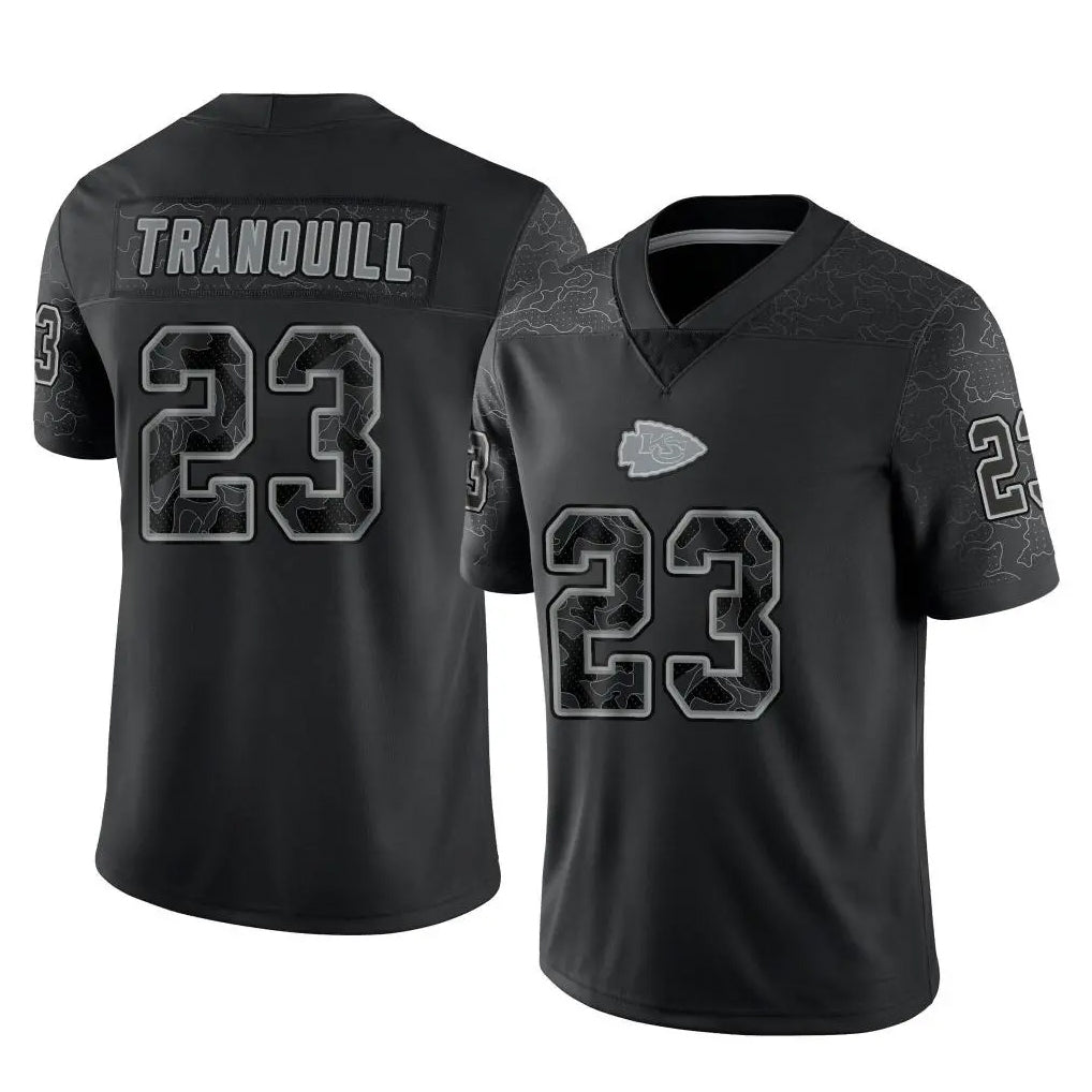 KC.Chiefs #23 Drue Tranquill Player Black Limited Reflective Game Ldoa Stitched Jerseys