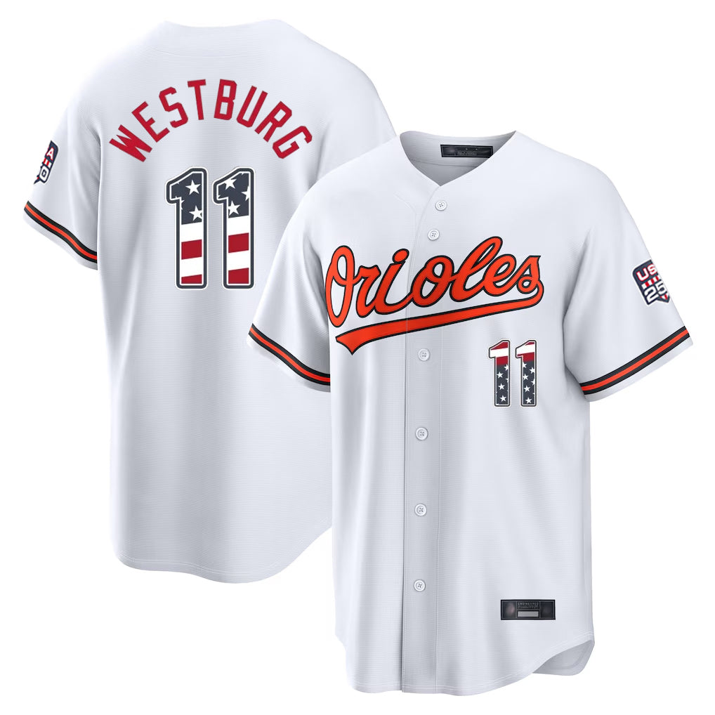 B.Orioles #11 Jordan Westburg Player White USA 250 Fourth of July Home Game Ldoa Stitched Jerseys