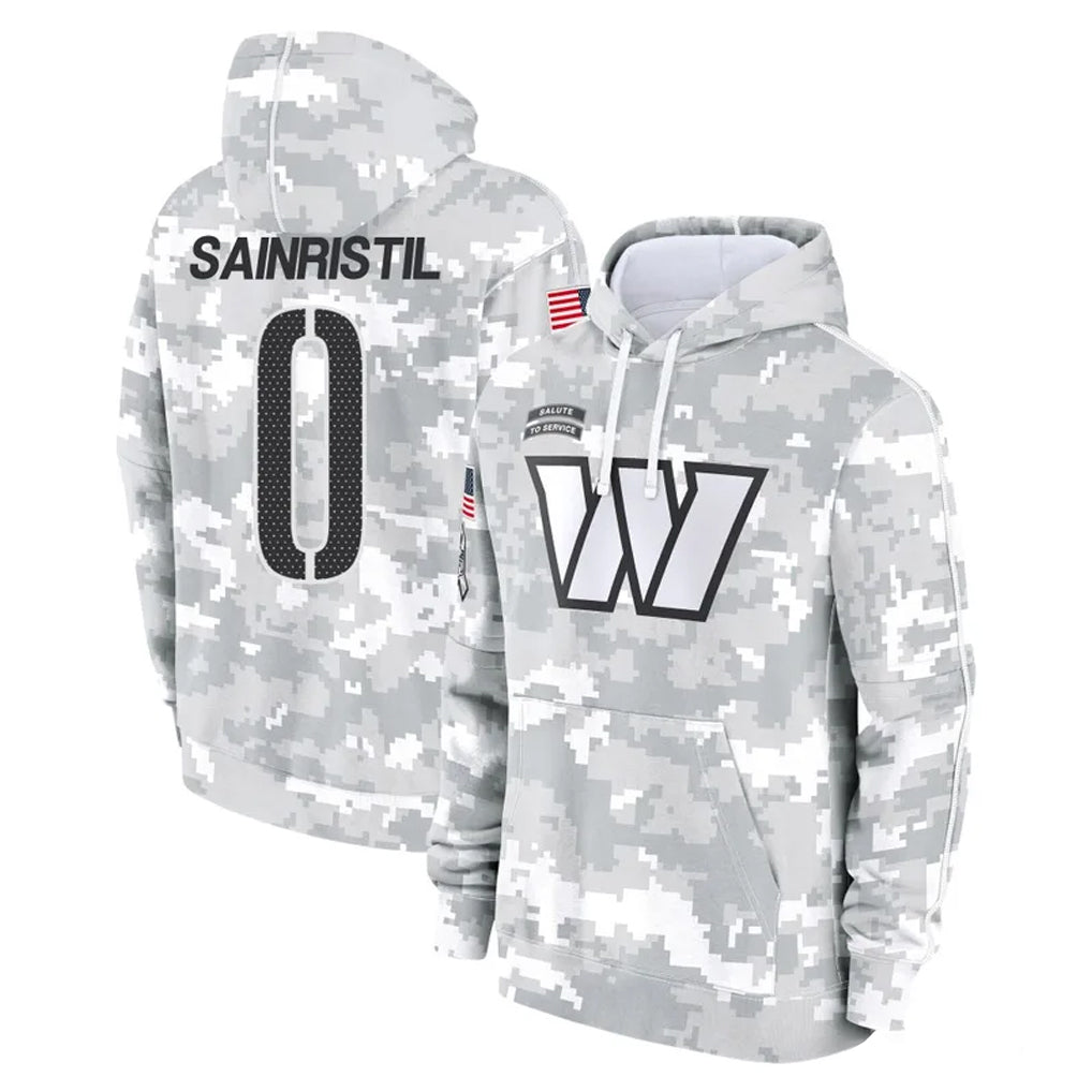 W.Commanders #0 Mike Sainristil Player Arctic Camo Limited Salute to Service Pullover Hoodies Game Ldoa Stitched Jerseys