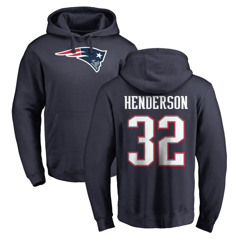 NE.Patriots #32 TreVeyon Henderson Player Navy LOGO Pullover Hoodies Home Game Ldoa Stitched Jerseys