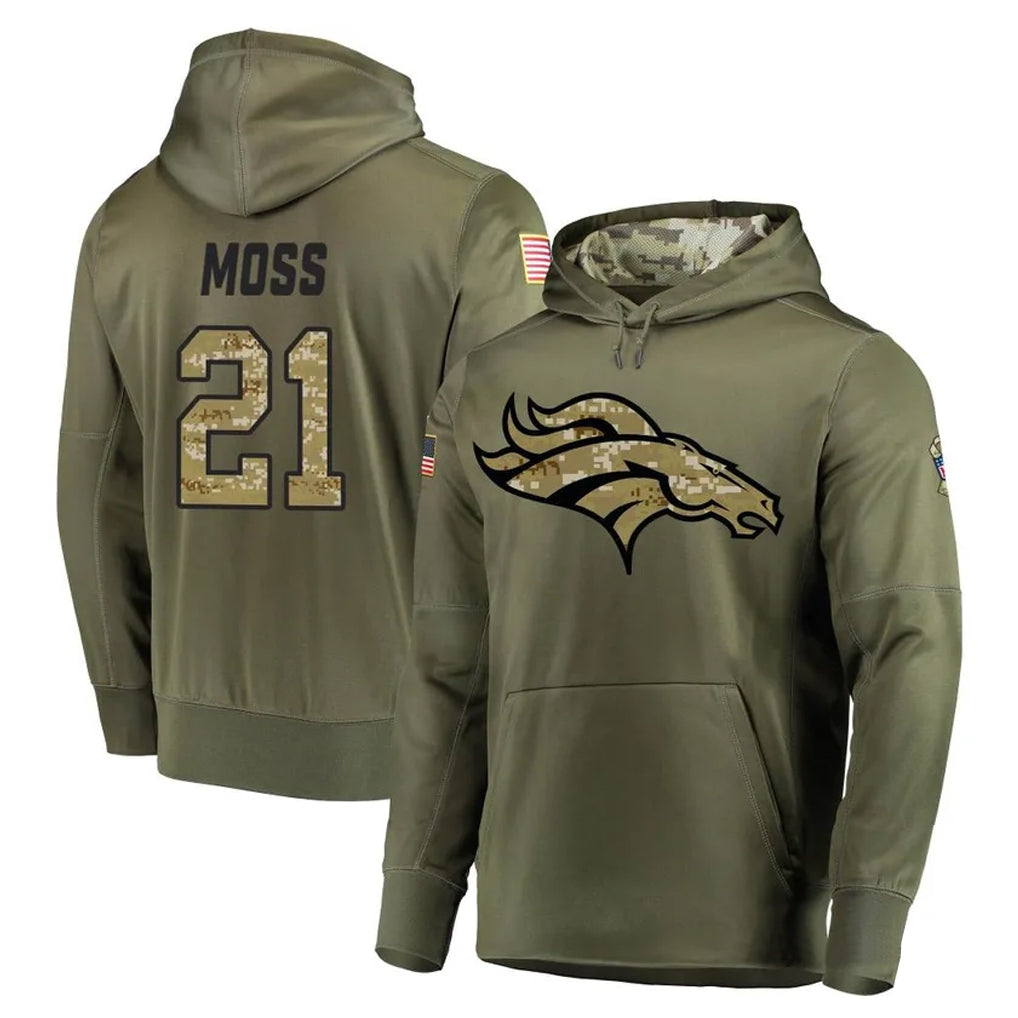 D.Broncos #21 Riley Moss Player Olive Salute to Service Pullover Hoodies Home Game Ldoa Stitched Jerseys