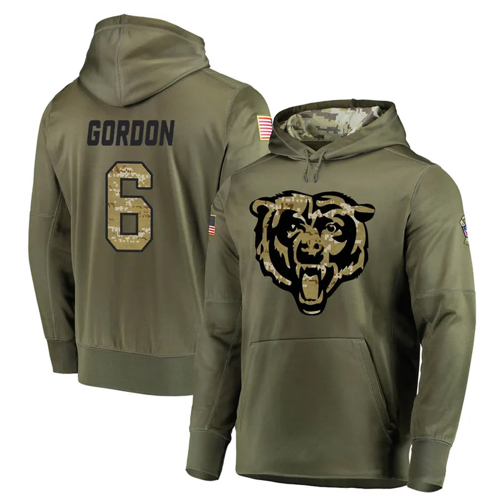 C.Bears #6 Kyler Gordon Player Olive Salute to Service Pullover Hoodies Home Game Ldoa Stitched Jerseys
