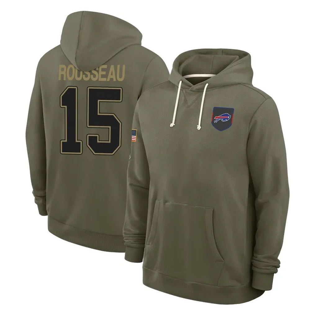 B.Bills #15 Greg Rousseau Player Olive 2025 Salute to Service Hoodies Ldoa Stitched Jerseys