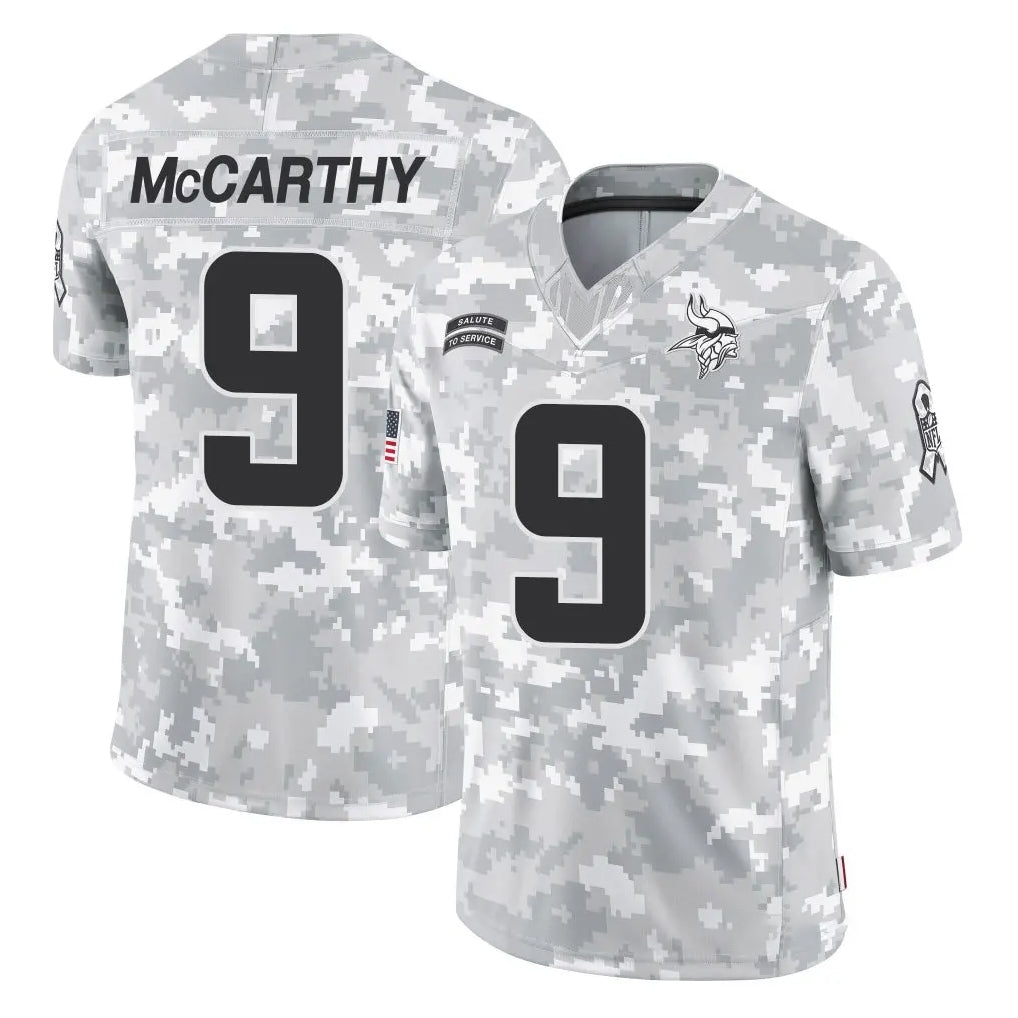 M.Vikings #9 J.J. McCarthy Player Arctic Camo Salute To Service Limited Game Ldoa Stitched Jerseys