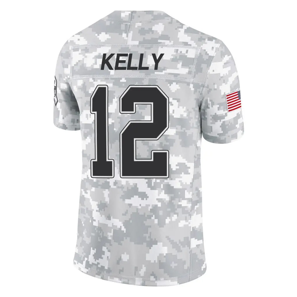 B.Bills #12 Jim Kelly Player Arctic Camo Salute to Service Limited Ldoa Stitched Jerseys