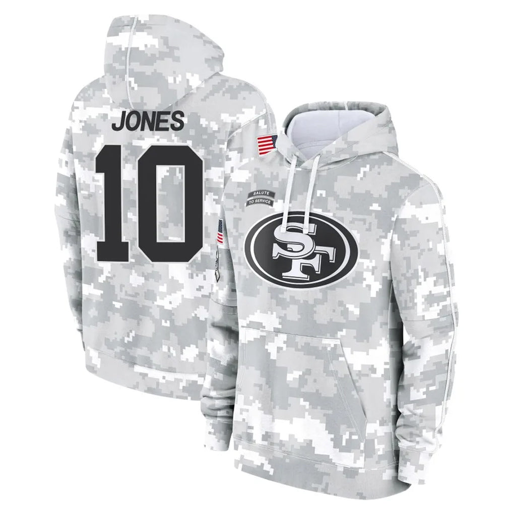 SF.49ers #10 Mac Jones Player Arctic Camo Limited Salute to Service Pullover Hoodies Game Ldoa Stitched Jerseys
