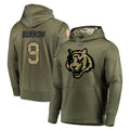 C.Bengals #9 Joe Burrow Player Olive Salute to Service Pullover Hoodies Home Game Ldoa Stitched Jerseys