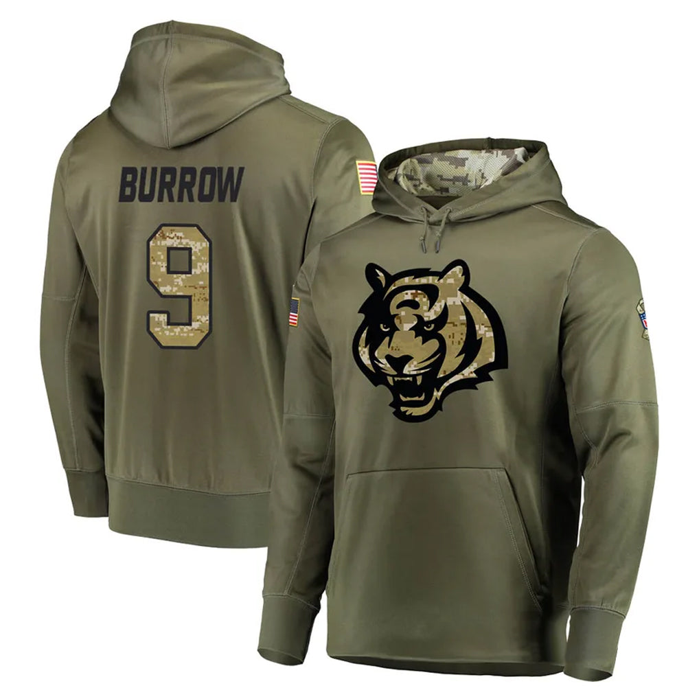 C.Bengals #9 Joe Burrow Player Olive Salute to Service Pullover Hoodies Home Game Ldoa Stitched Jerseys