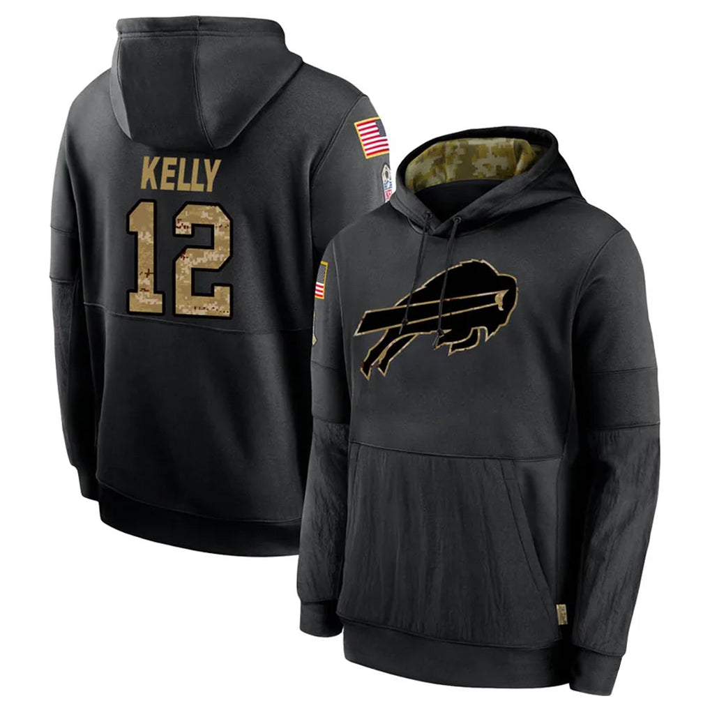 B.Bills #12 Jim Kelly Player Black Salute to Service Hoodies Hame Ldoa Stitched Jerseys