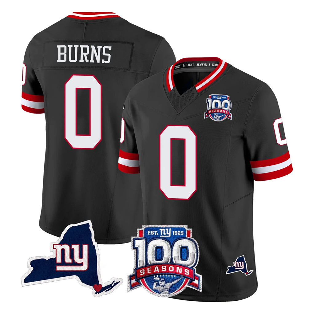 NY.Giants #0 Brian Burns Player Black 100th Season & State Patch Vapor Limited Home Game Ldoa Stitched Jerseys