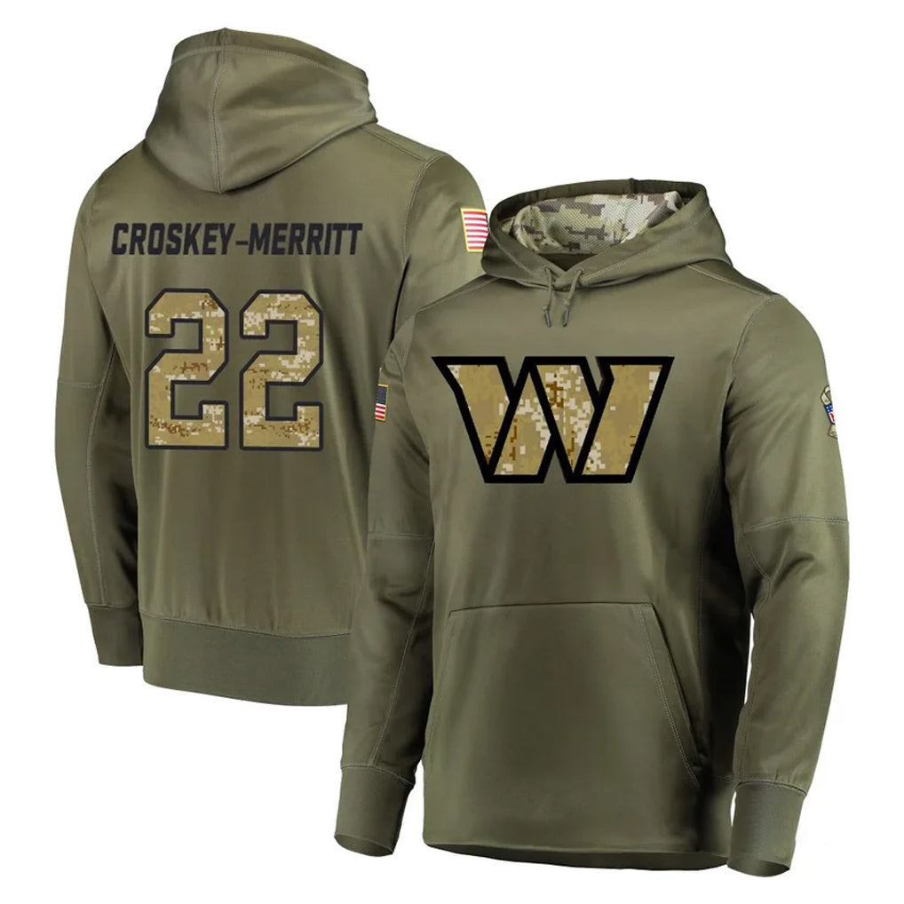 W.Commanders #22 Jacory Croskey-Merritt Player Olive Salute to Service Pullover Hoodie Limited Home Game Ldoa Stitched Jerseys