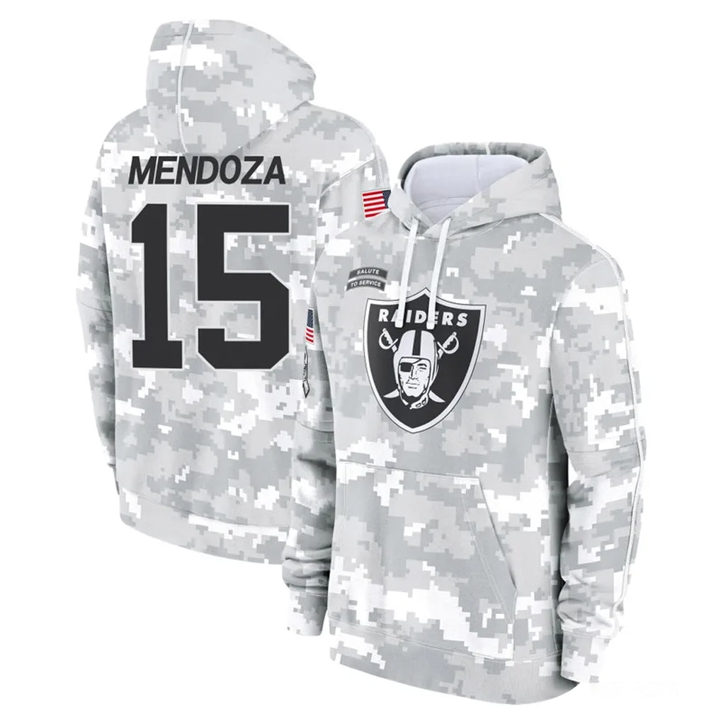 LV.Raiders #15 Fernando Mendoza Player Arctic Camo Salute to Service Hoodies Limited Game Ldoa Stitched Jerseys