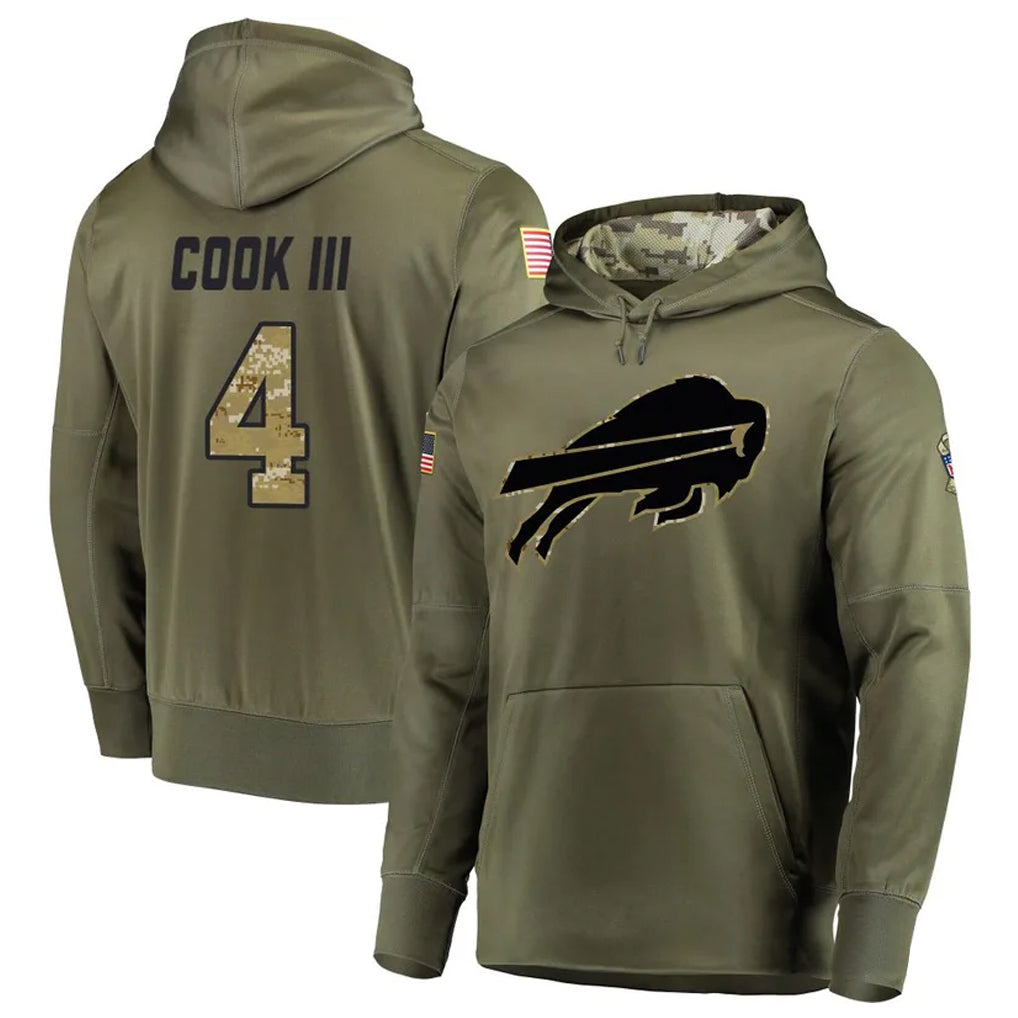 B.Bills #4 James Cook III Player Olive Salute to Service Hoodies Game Ldoa Stitched Jerseys