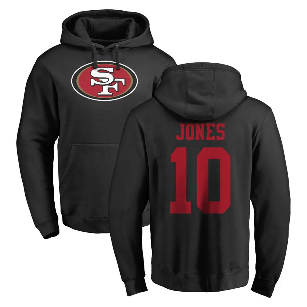 SF.49ers #10 Mac Jones Player Black LOGO Pullover Hoodies Home Game Ldoa Stitched Jerseys