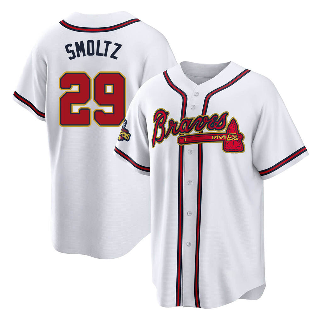 A.Braves #29 John Smoltz Player White Gold Home Game Ldoa Stitched Jerseys