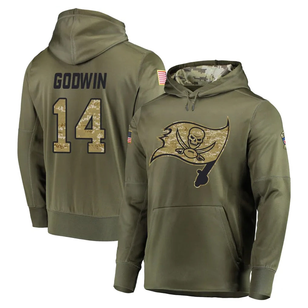 TB.Buccaneers #14 Chris Godwin Jr. Player Olive Salute to Service Pullover Hoodie Home Game Ldoa Stitched Jerseys