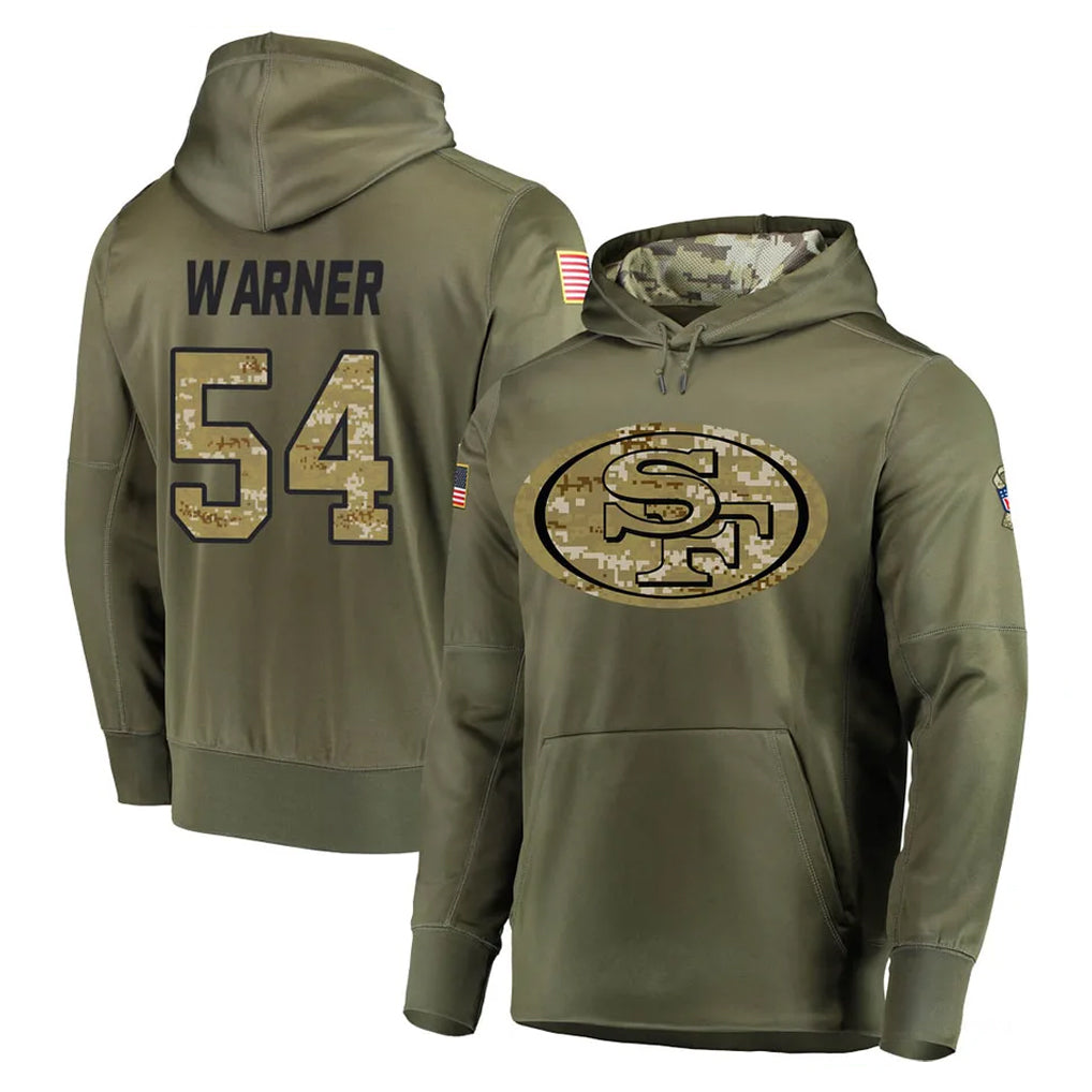 SF.49ers #54 Fred Warner Player Olive Salute to Service Pullover Hoodie Home Game Ldoa Stitched Jerseys