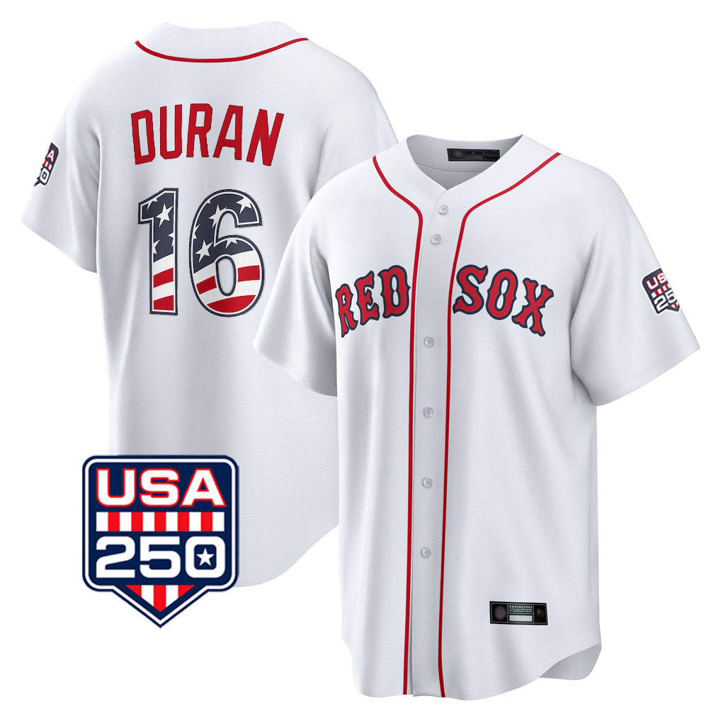 Ldoa B.Red Sox #16 Jarren Duran Player White USA 250 Fourth of July Home Game Stitched Jerseys