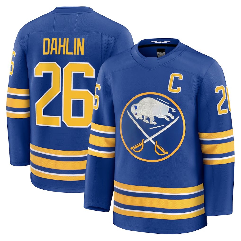 Tuec B.Sabres #26 Rasmus Dahlin Royal Premium with Captain's Patch Stitched Jerseys