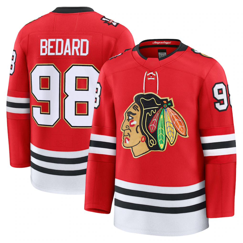 Tuec C.Blackhawks #98 Connor Bedard Red Centennial Premium Player Jerseys