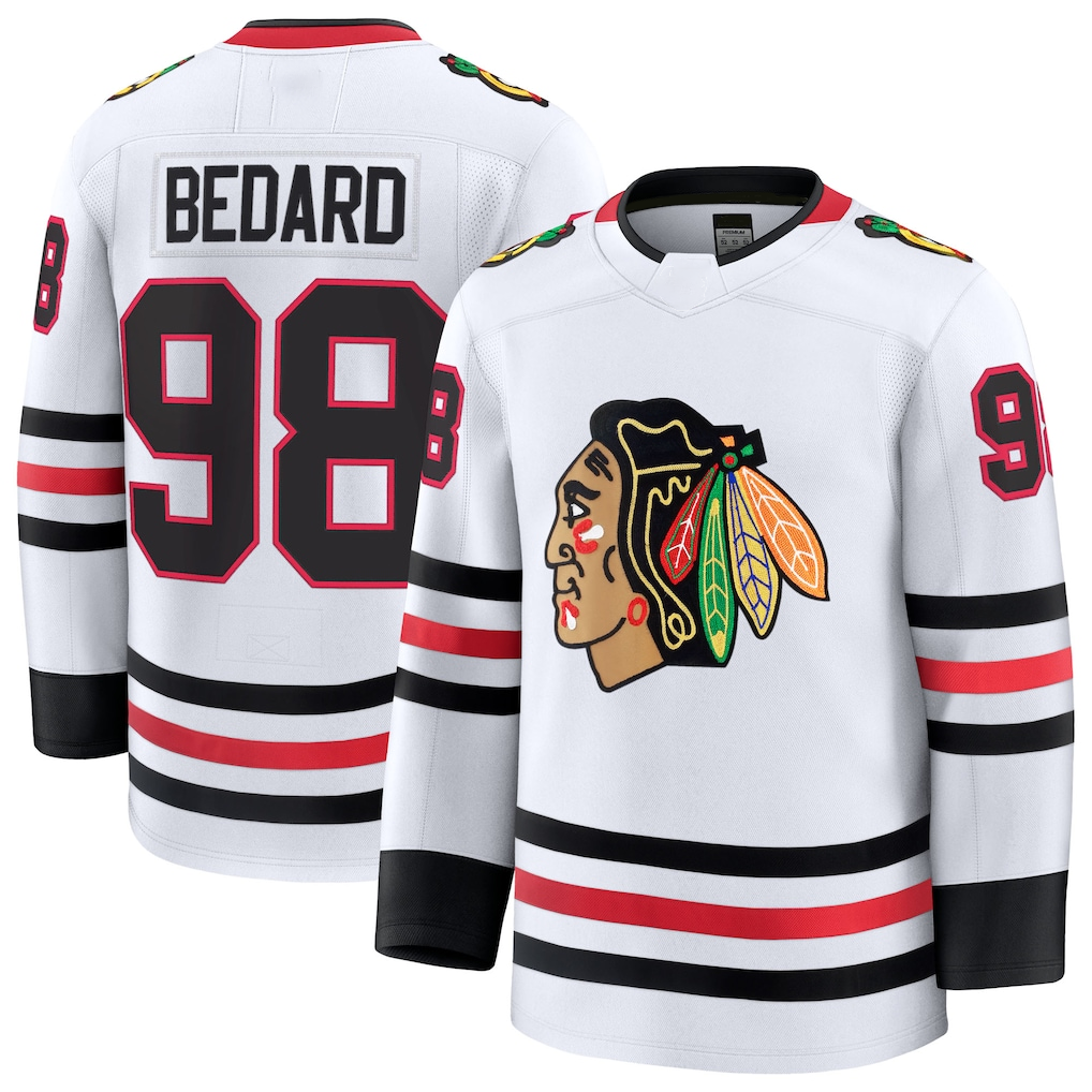 Tuec C.Blackhawks #98 Connor Bedard White Away Premium Jerseys