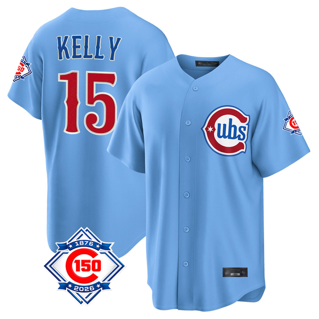 Ldoa C.Cubs #15 Carson Kelly Player Light Blue 150th Anniversary Home Game Stitched Jerseys