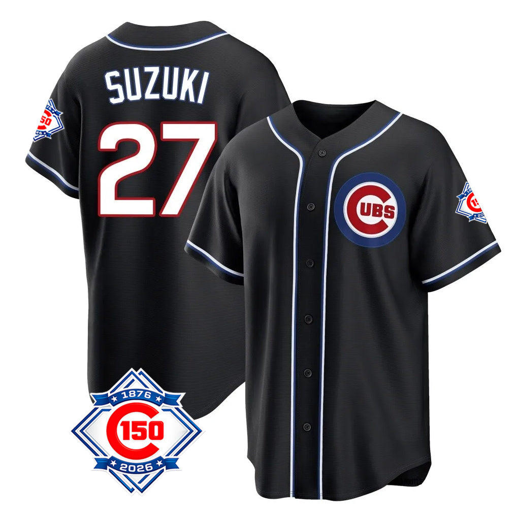 Ldoa C.Cubs #27 Seiya Suzuki Player Black Fashion Out 150th Anniversary Game Stitched Jerseys