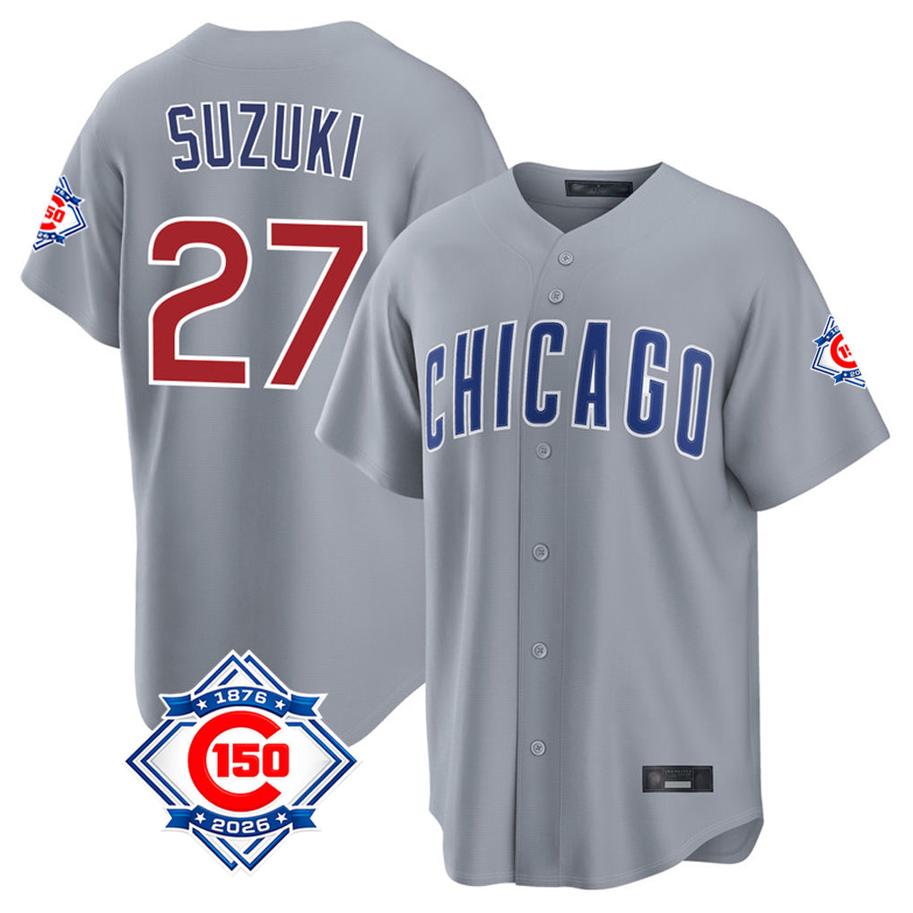 Ldoa C.Cubs #27 Seiya Suzuki Player Gray 150th Anniversary Home Game Stitched Jerseys