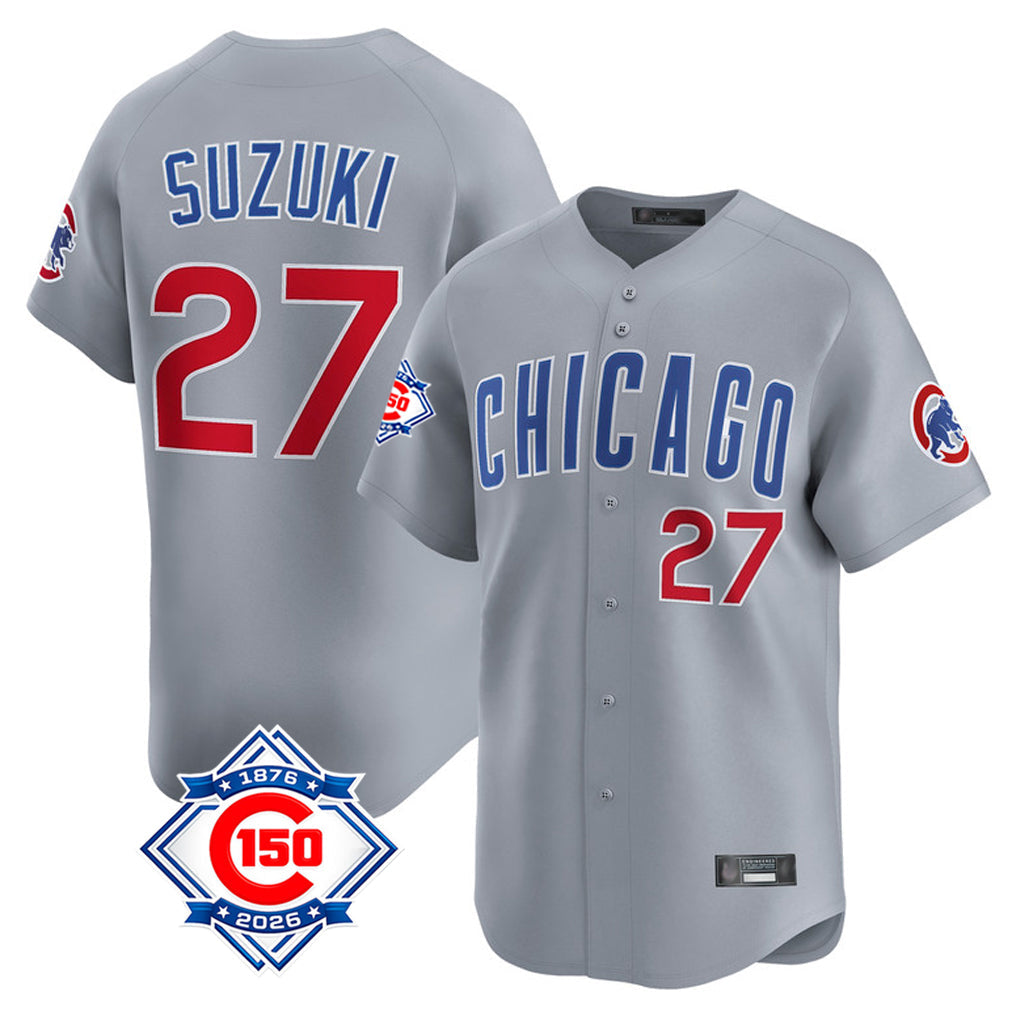 Ldoa C.Cubs #27 Seiya Suzuki Player Gray Road 150th Anniversary Limited Home Stitched Jerseys