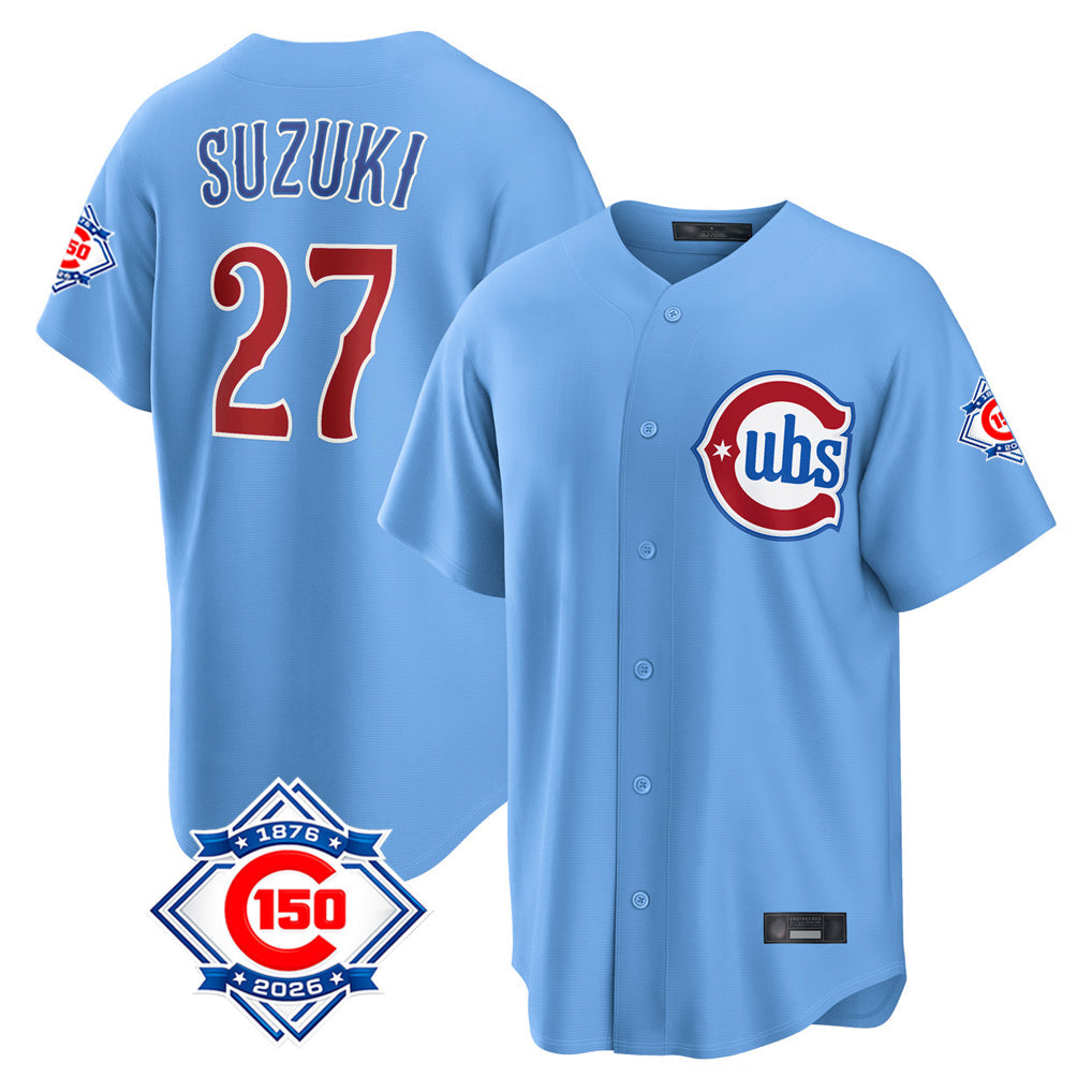 Ldoa C.Cubs #27 Seiya Suzuki Player Light Blue 150th Anniversary Home Game Stitched Jerseys