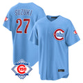 Ldoa C.Cubs #27 Seiya Suzuki Player Light Blue 150th Anniversary Home Game Stitched Jerseys