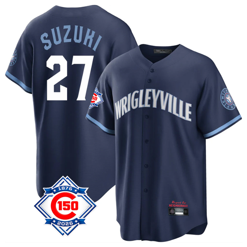 Ldoa C.Cubs #27 Seiya Suzuki Player Navy 150th Anniversary City Connect Home Game Stitched Jerseys