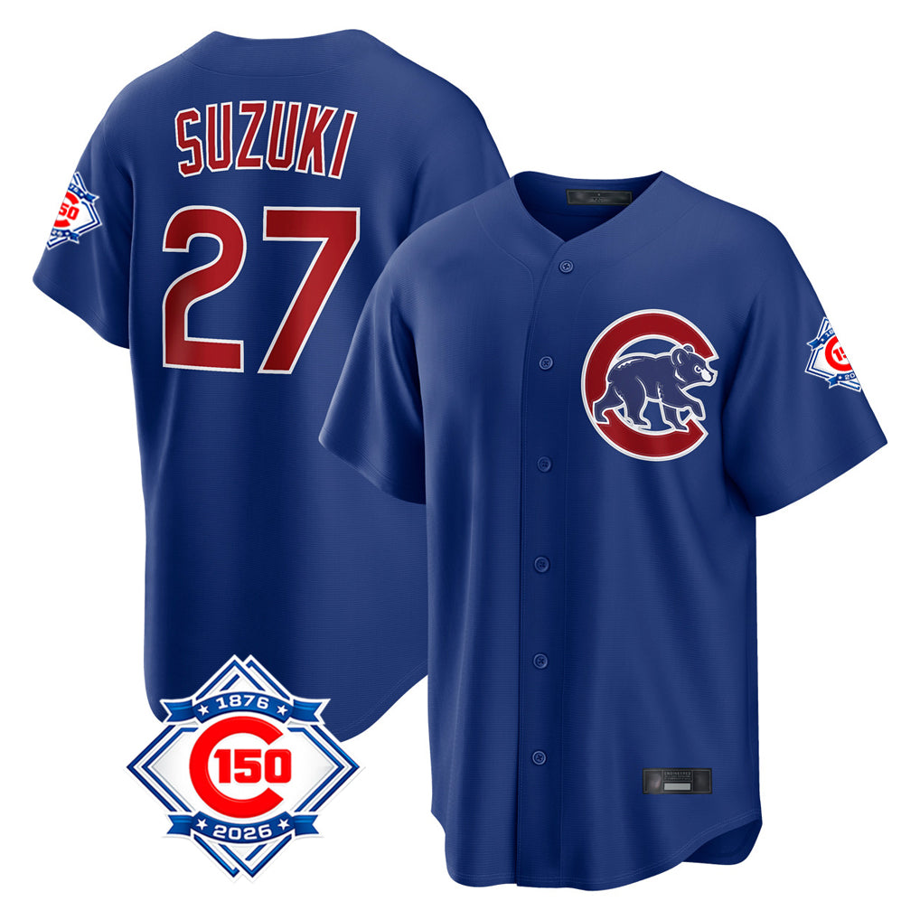 Ldoa C.Cubs #27 Seiya Suzuki Player Royal 150th Anniversary Home Game Stitched Jerseys