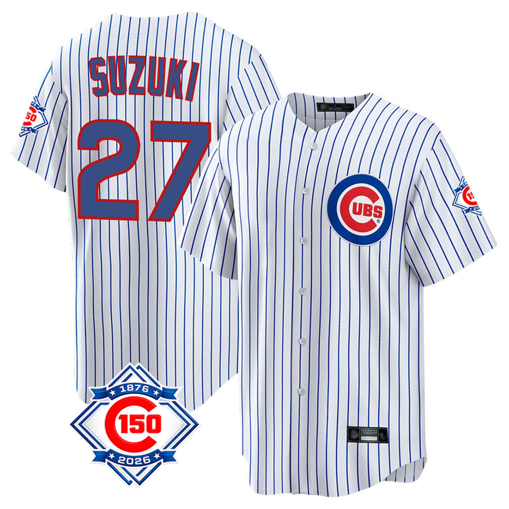 Ldoa C.Cubs #27 Seiya Suzuki Player White 150th Anniversary Home Game Stitched Jerseys