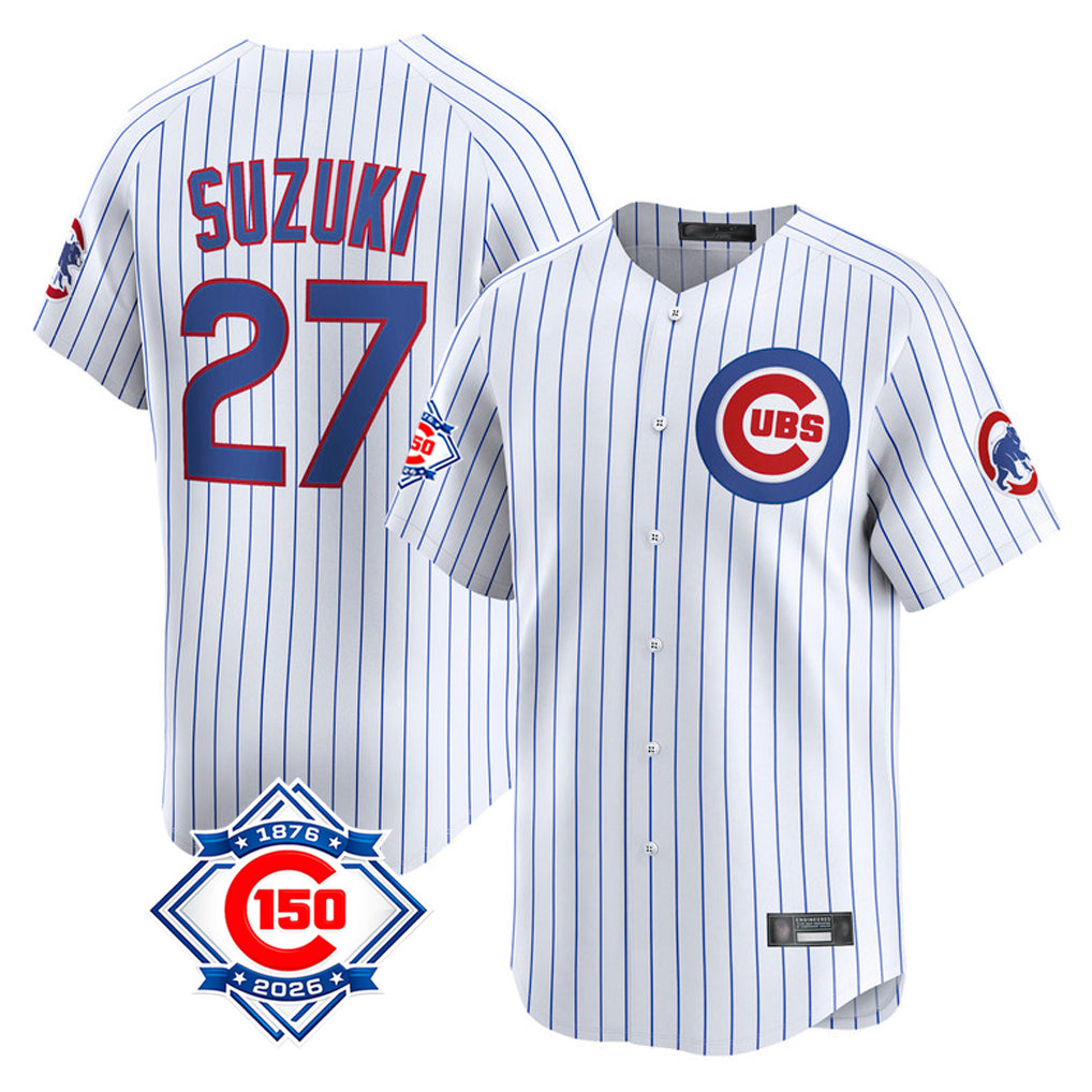 Ldoa C.Cubs #27 Seiya Suzuki Player White 150th Anniversary Limited Home Game Stitched Jerseys