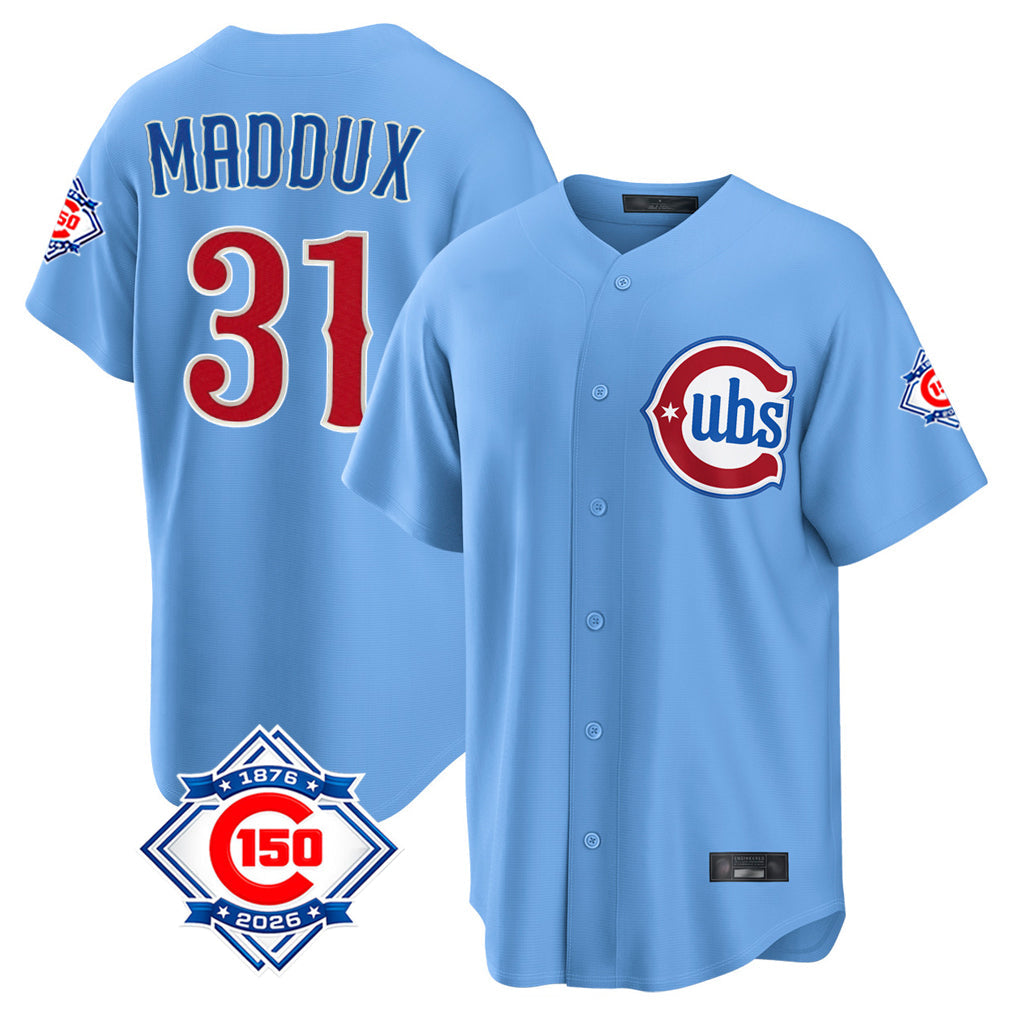 Ldoa C.Cubs #31 Greg Maddux Player Light Blue 150th Anniversary Home Game Stitched Jerseys