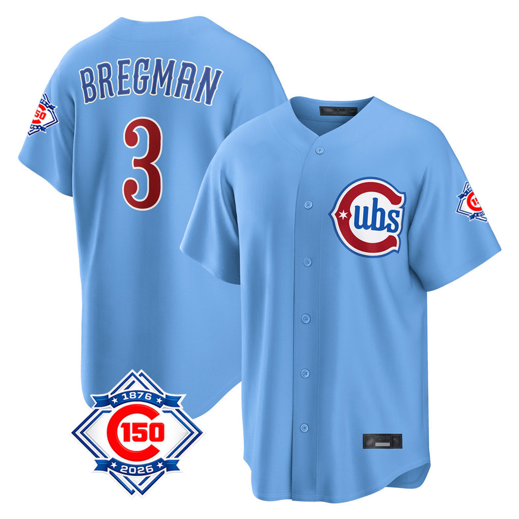 Ldoa C.Cubs #3 Alex Bregman Light Blue 150th Anniversary Home Game Stitched Jerseys