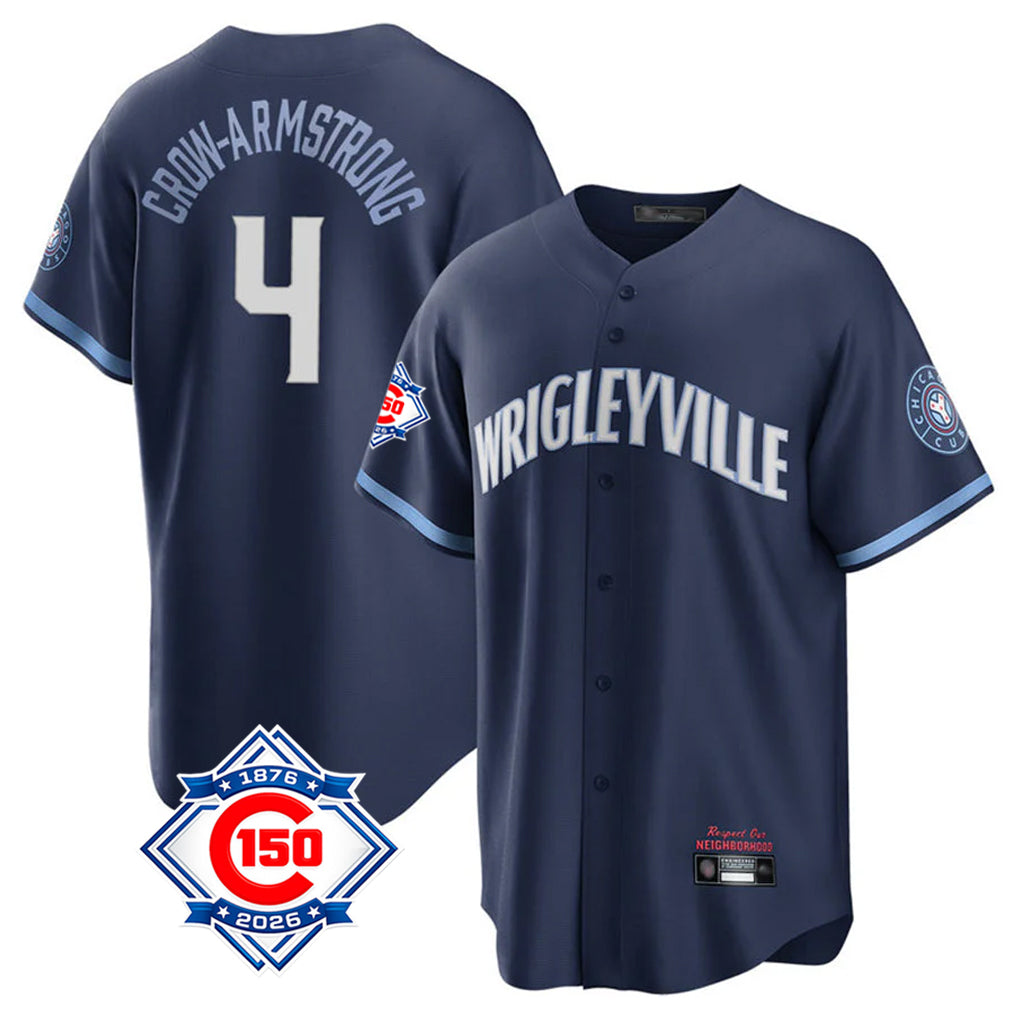 Ldoa C.Cubs #4 Pete Crow-Armstrong Player Navy 150th Anniversary City Connect Home Game Stitched Jerseys